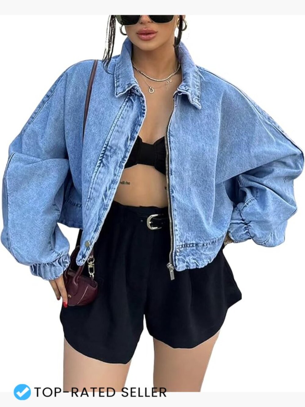 Oversized Cropped Denim Jacket Zip Up Light Wash Womens Trendy Bomber Shacket